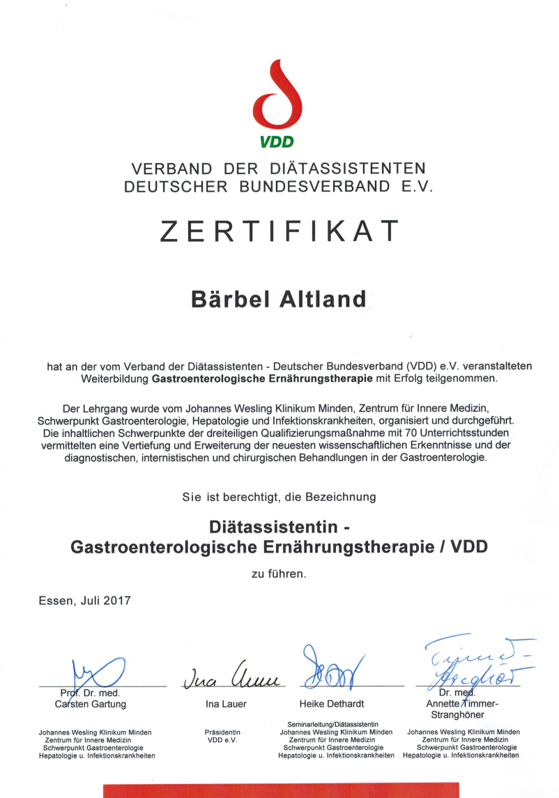 Bärbel Altland VDD-Zertifikat July2017 Seite1